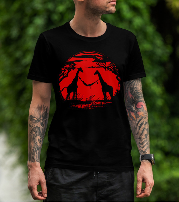 Relaxed Giraffe Sunset Silhouette With Hammock Scene T-Shirt