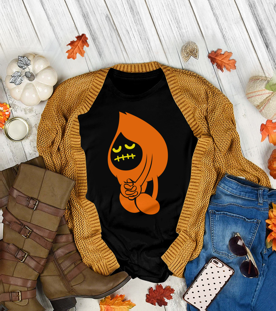 Sad Inker Tearful Teardrop Character in Black and Orange T-Shirt