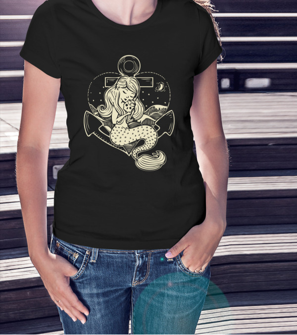 Sailor Anchor And Mermaid Under Moonlit Sky T-Shirt