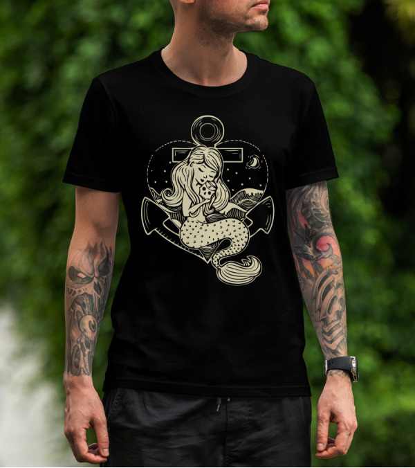 Sailor Anchor And Mermaid Under Moonlit Sky T-Shirt