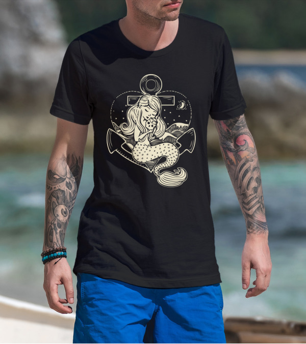 Sailor Anchor And Mermaid Under Moonlit Sky T-Shirt