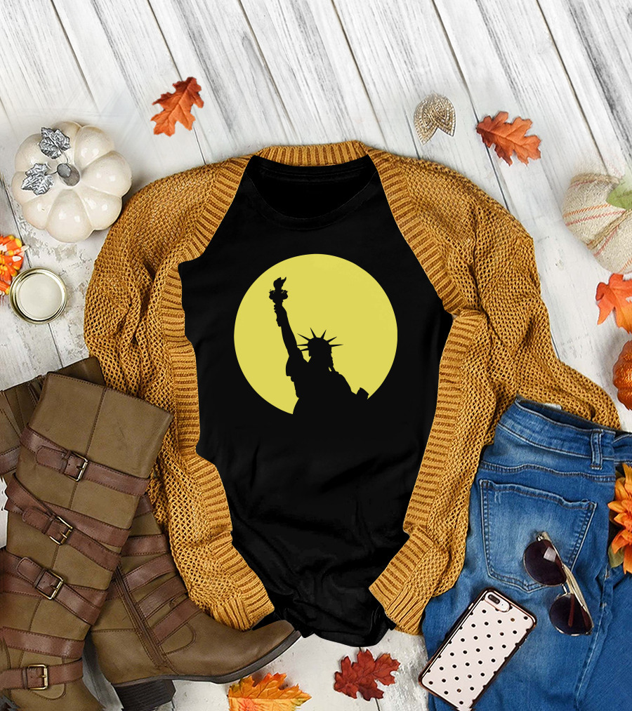 Statue Of Liberty Silhouette Against Yellow Circle T-Shirt