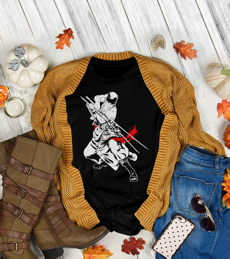 Ninja Wielding Dual Swords in Dynamic Combat Pose T-Shirt