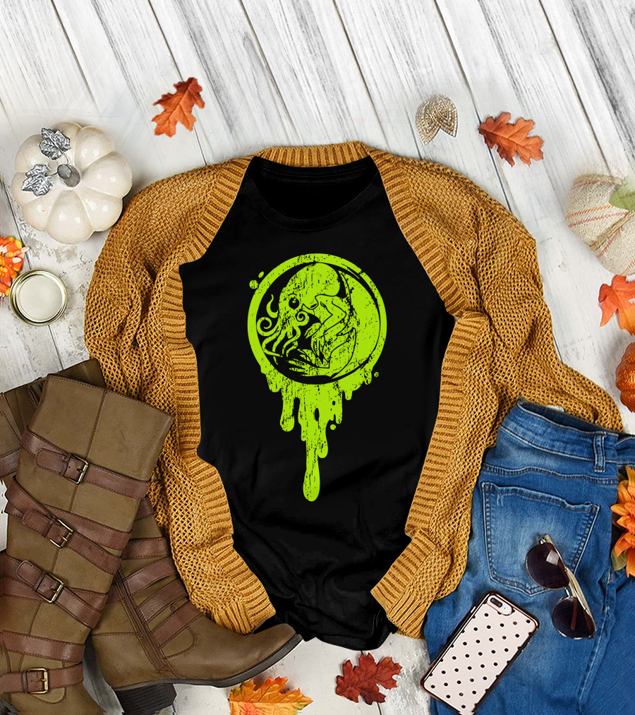 The Beginning Of Cthulhu Green Neon Dripping Emblem T-Shirt