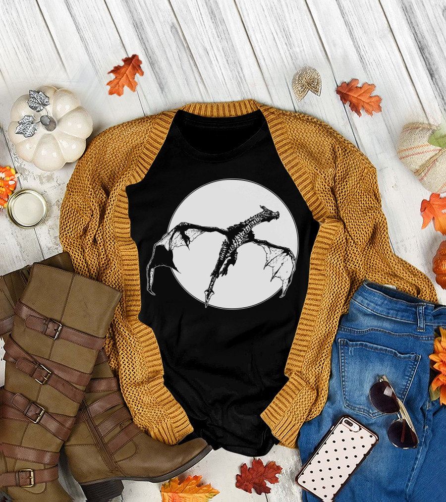 There Be Dragons Flying Against Full Moon T-Shirt