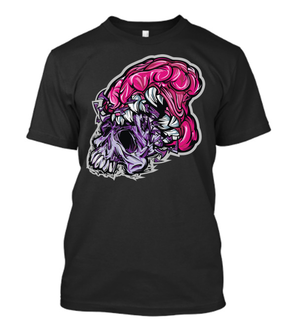 Crunch Time Skull With Pink Brain And Fangs T-Shirt