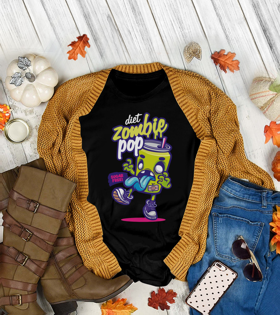 Diet Zombie Pop Sugar Free Cartoon Cup with Sneakers and Tongue Out T-Shirt