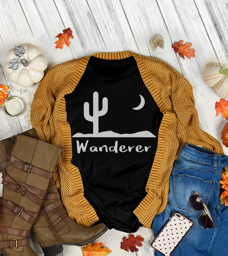 Wanderer Desert Cactus Night Scene T-Shirt