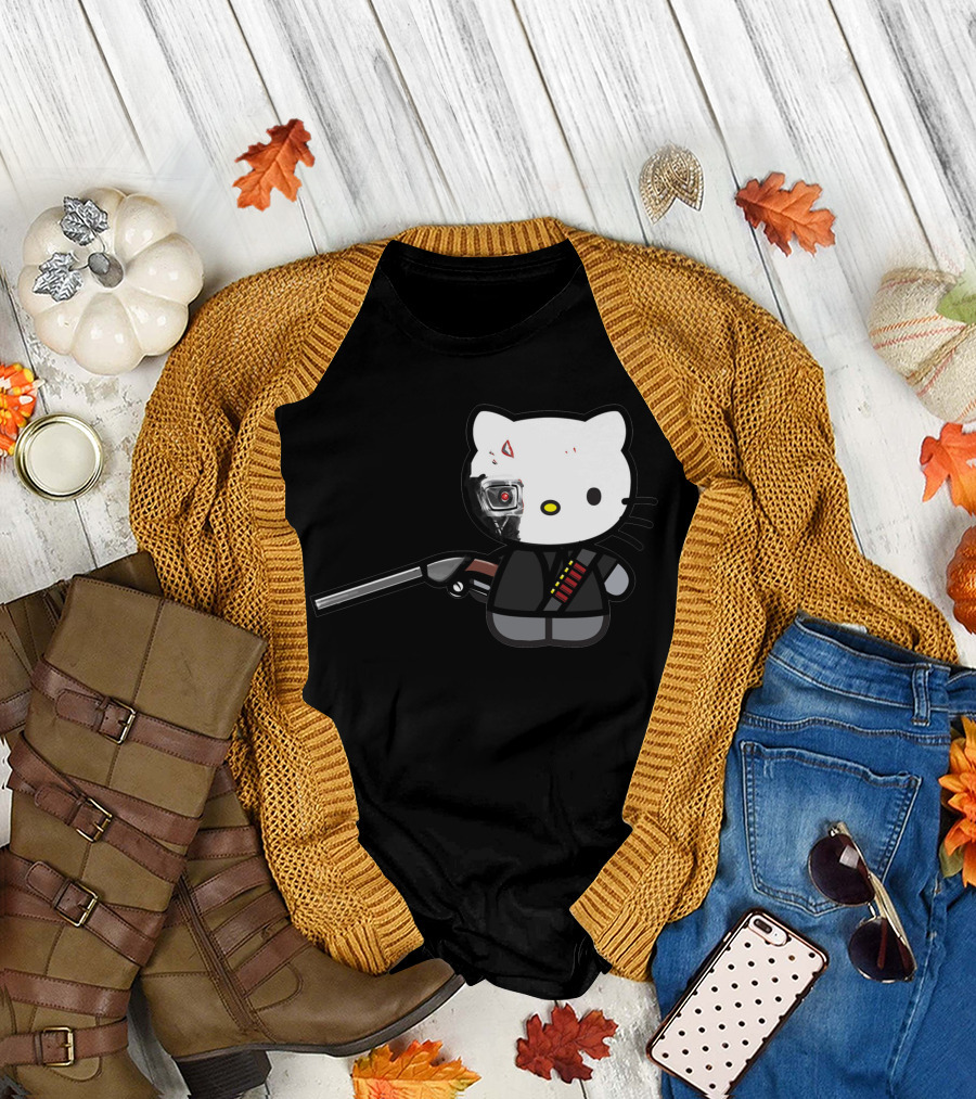 Hell Kitty T800 Battle Damaged Edition Cyborg Cat Shotgun Holder T-Shirt