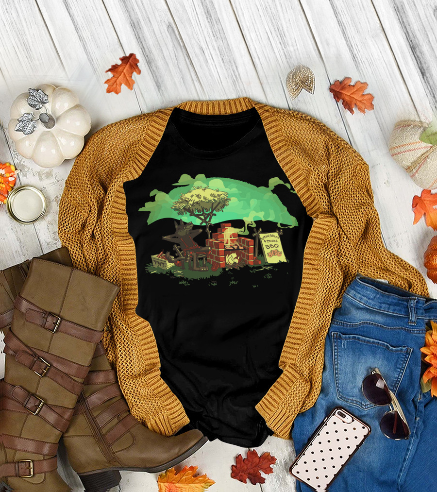 Straw Sticks Bricks BBQ Wolf Fire Pit Scene T-Shirt