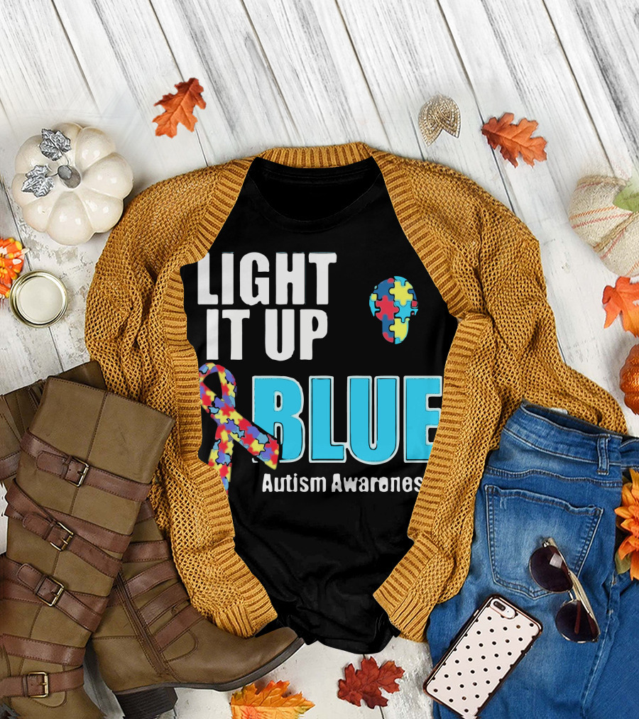 Light It Up Blue Autism Awareness Puzzle Ribbon and Head T-Shirt