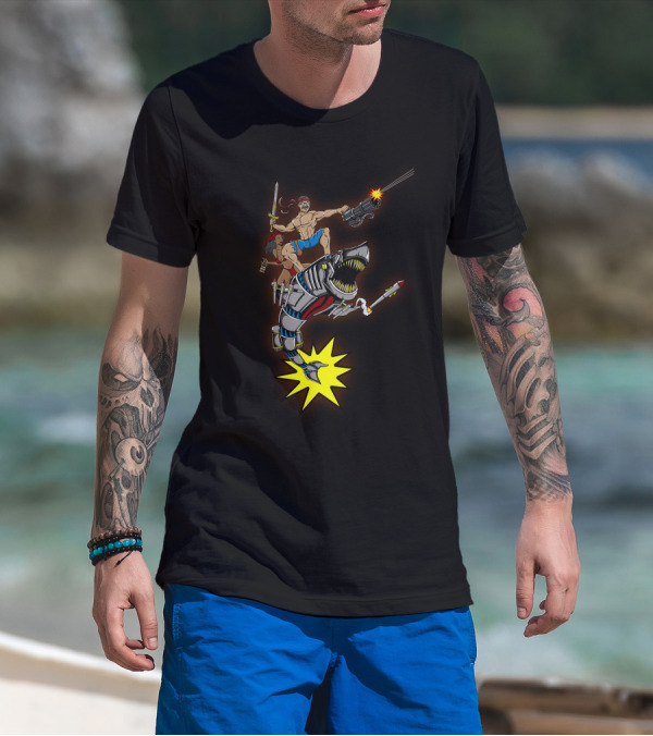 Manliest Thing Ever Seen Shark Riding Action Hero With Woman And Gun T-Shirt