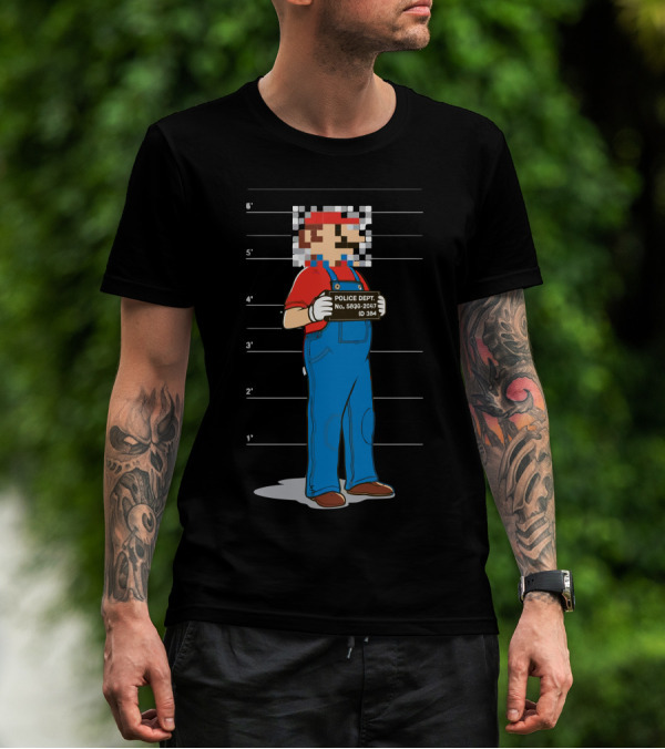 Pixelated Mario Police Department Mugshot Lineup T-Shirt