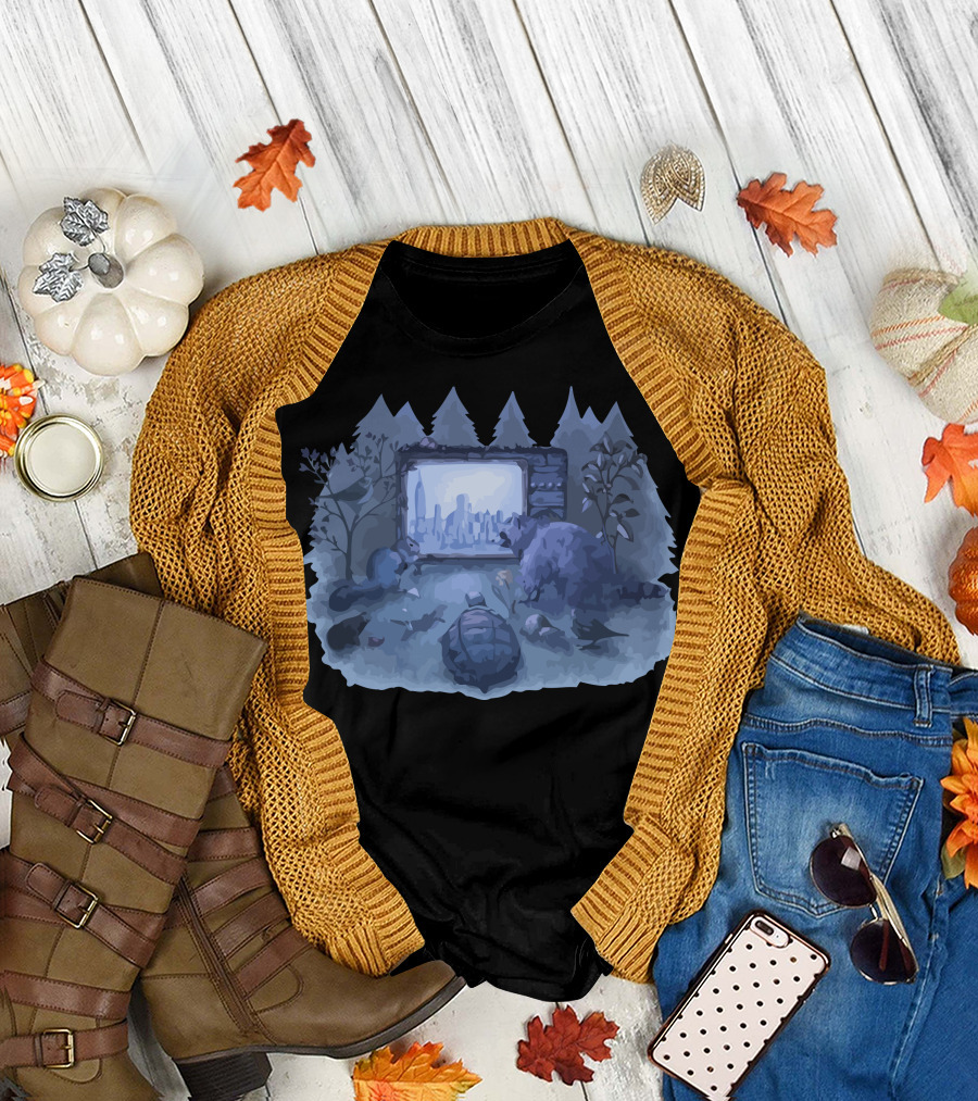 Nature Channel Forest Animals Watching City on Screen T-Shirt
