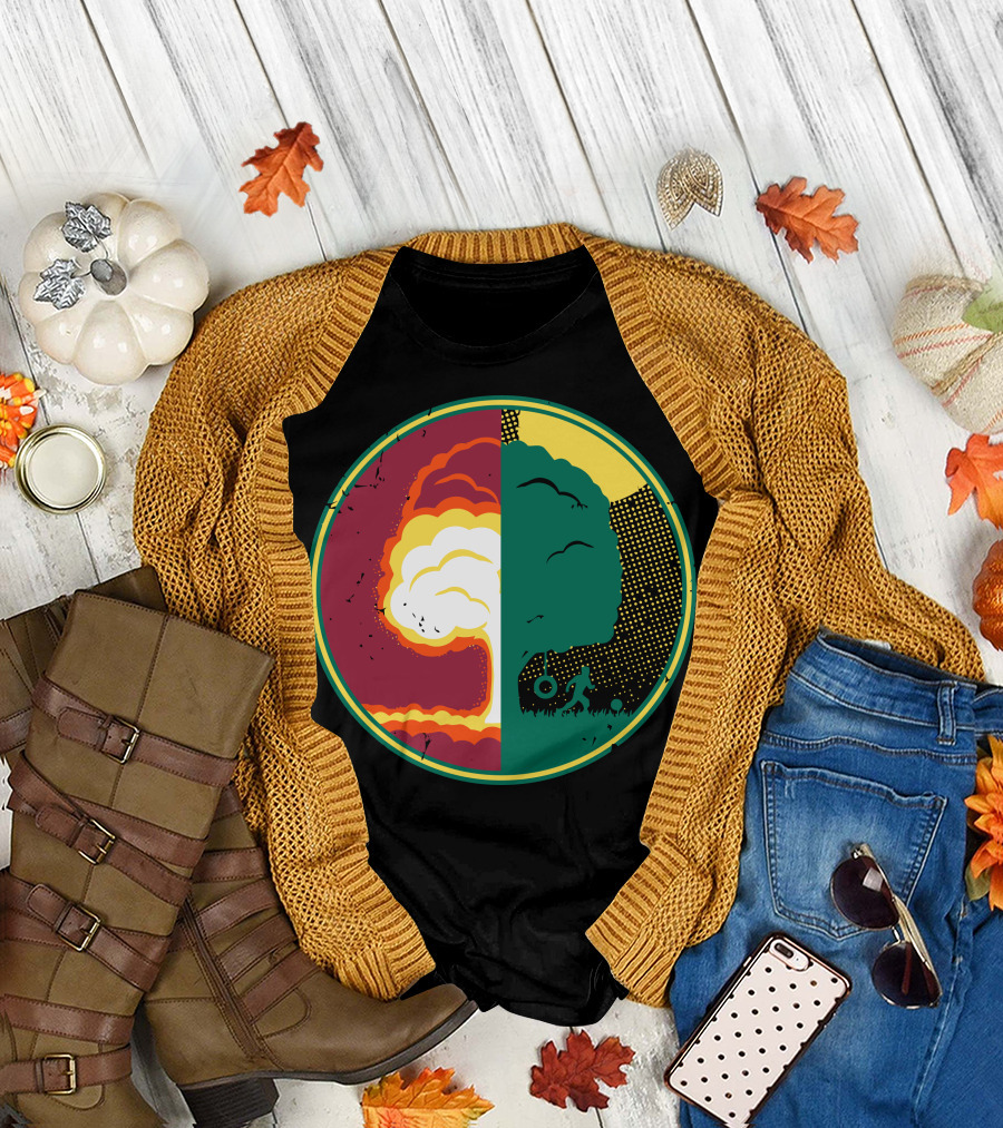 Nature Versus Destruction Symbol with Tree and Explosion Contrast T-Shirt