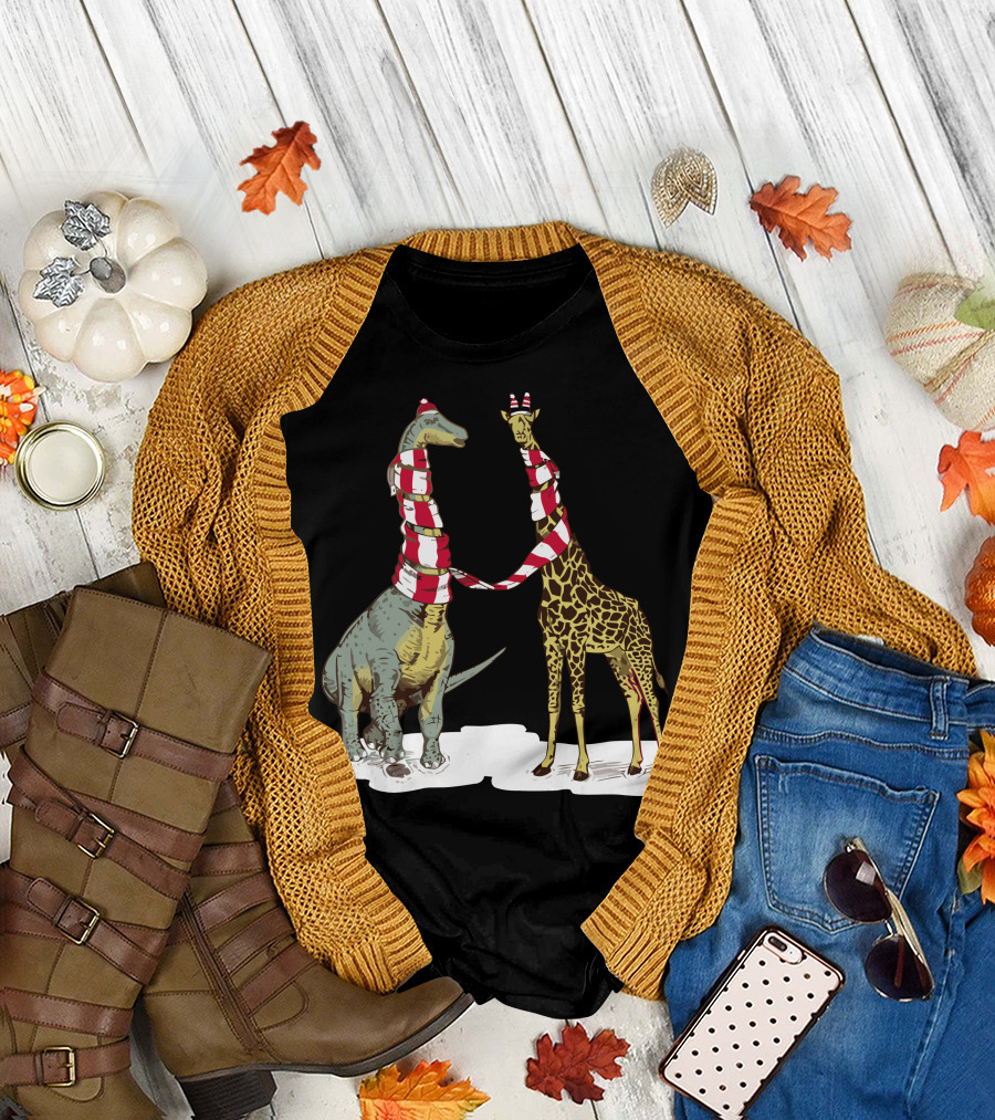 Neck The Halls Dinosaur and Giraffe in Christmas Scarves T-Shirt