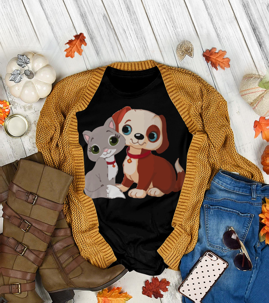 Adorable Puppy and Kitten Duo with Red Collars T-Shirt