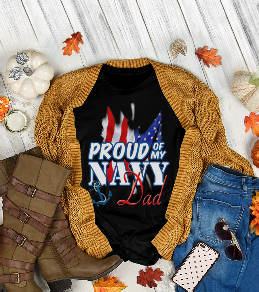 Proud Of My Navy Dad American Flag Anchor T-Shirt