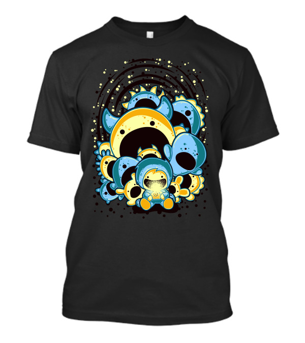 Child Surrounded By Cartoon Monsters In Blue And Yellow Shadows T-Shirt