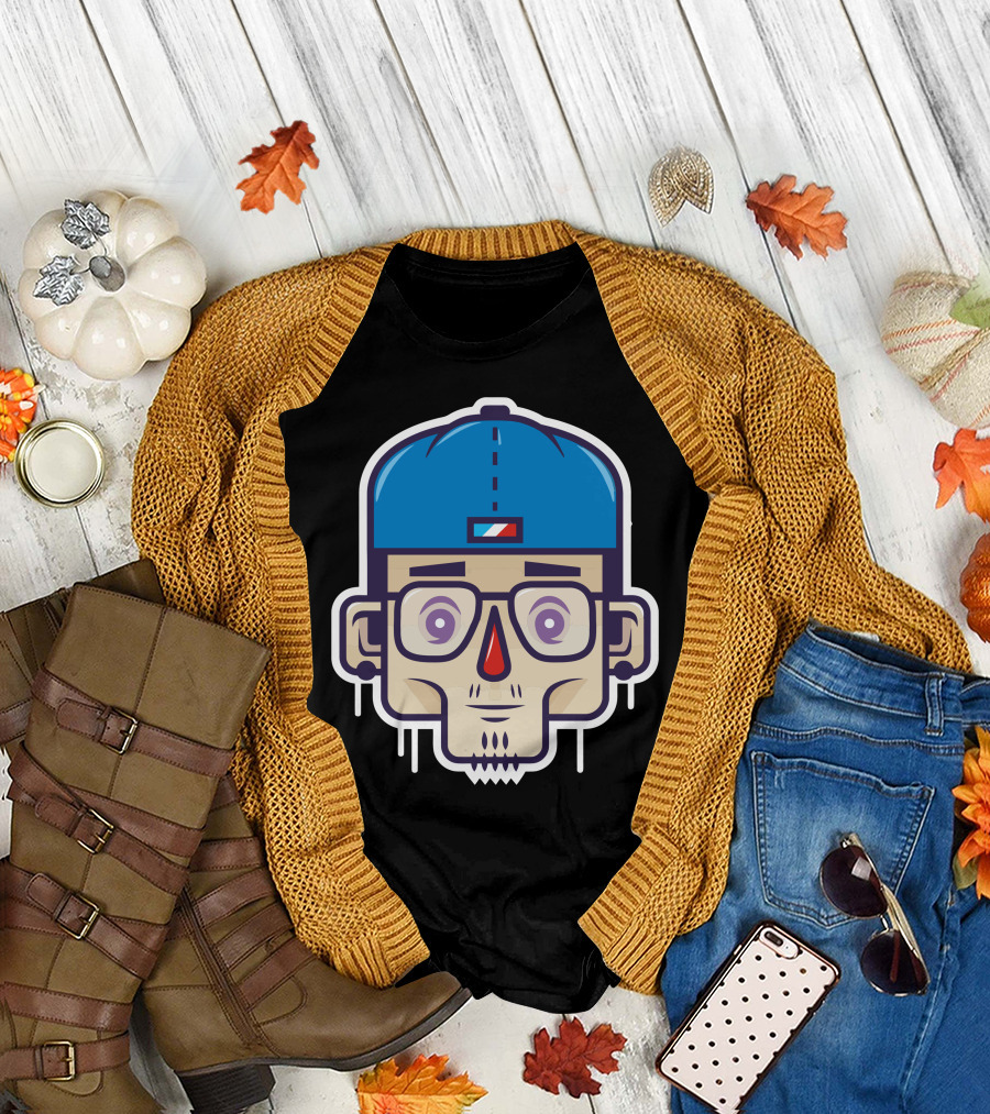 Aspiration Avatar Cartoon Skull with Glasses and Blue Cap T-Shirt