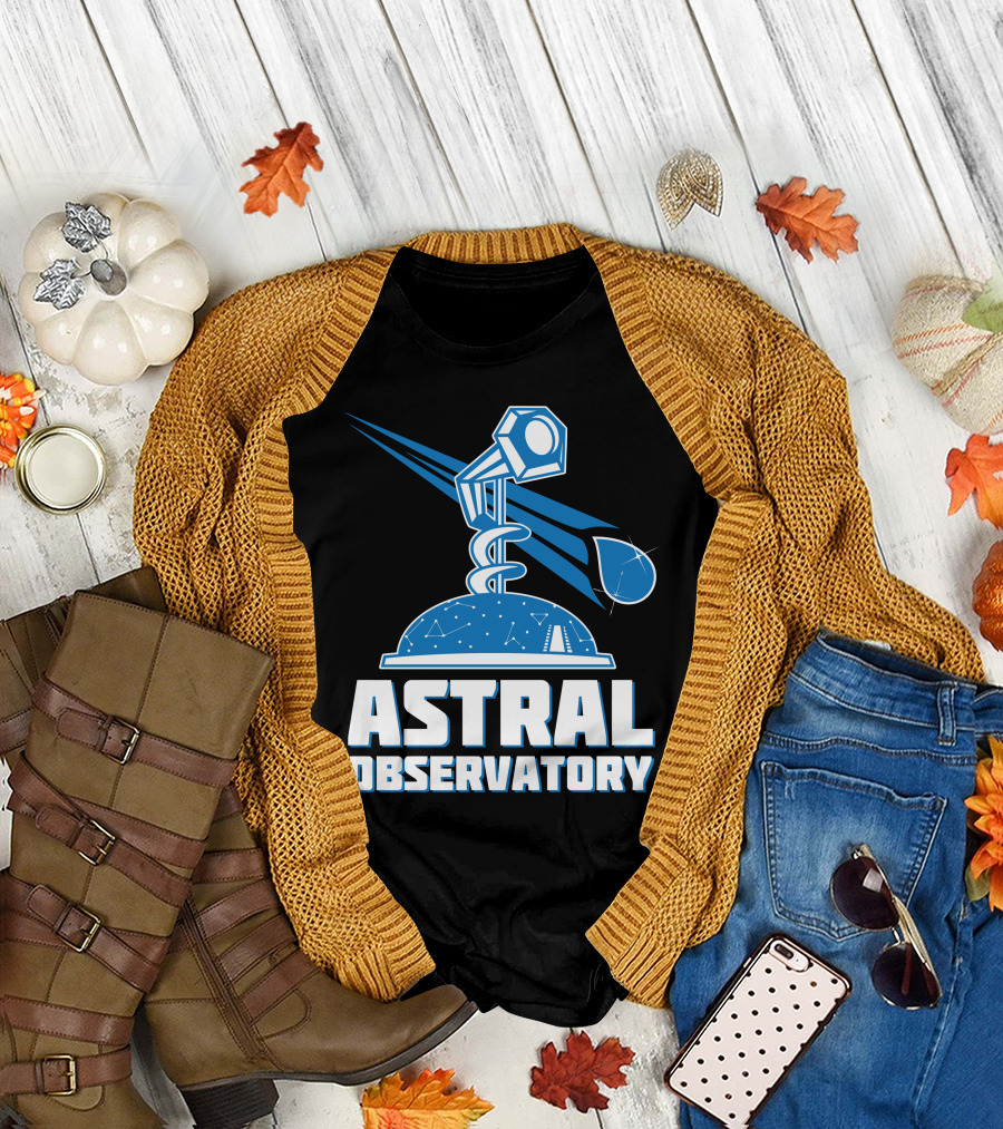 Astral Observatory Telescope Logo with Starry Sky and Cosmic Drop T-Shirt