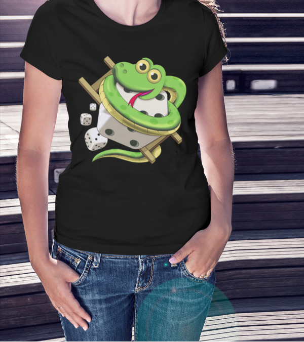 Funny Snake Dice Game Icon Green Cartoon Snake With Dice T-Shirt