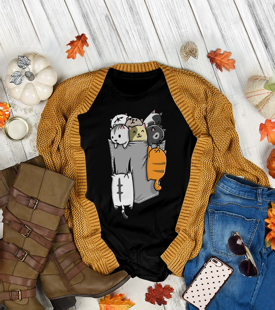 Kittens In A Grey Pocket With Playful Cartoon Cats T-Shirt