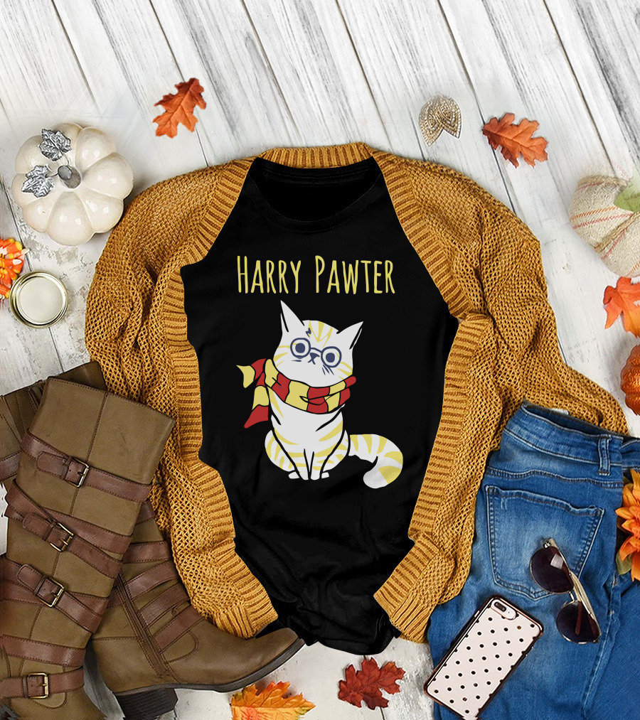 Harry Pawter Cat with Glasses and Gryffindor Scarf T-Shirt