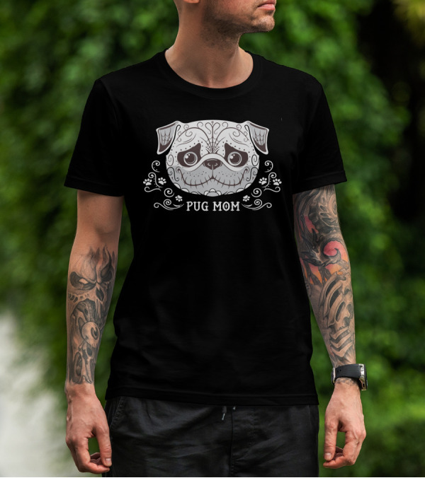 Pug Mom Sugar Skull Paw Print Swirls T-Shirt