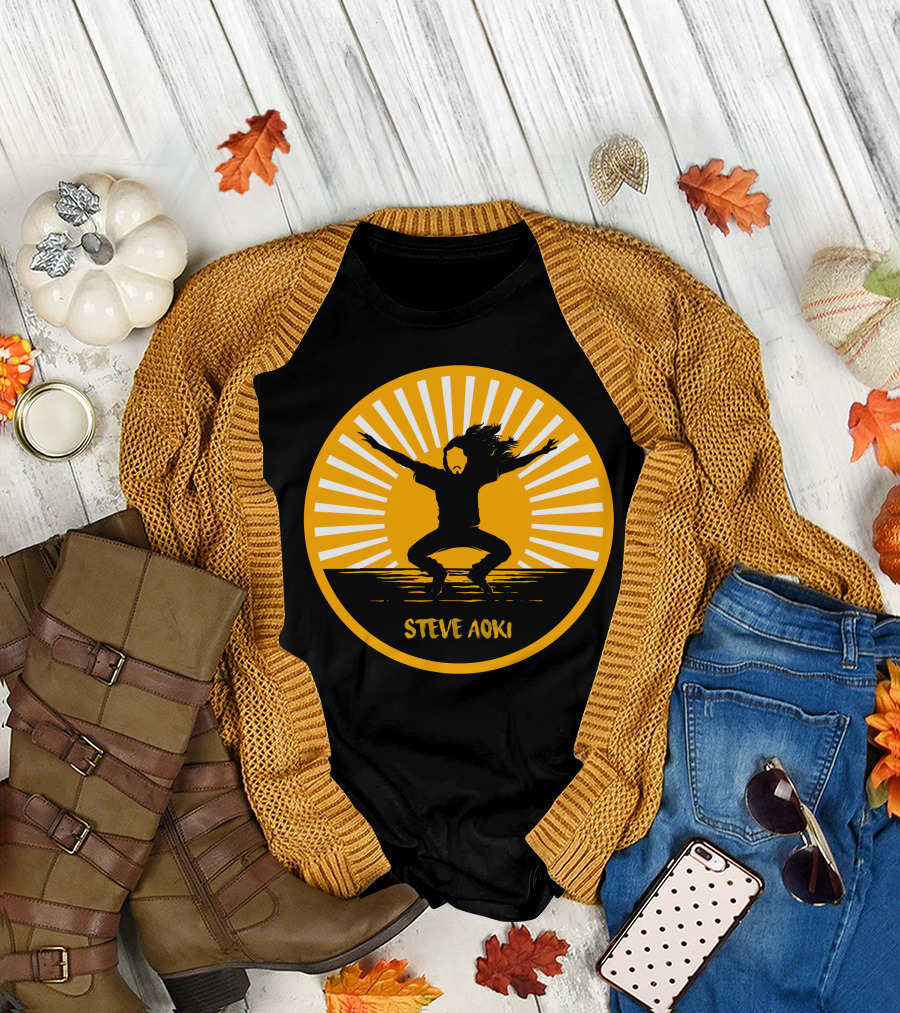 Steve Aoki Jumping Silhouette with Sunburst Background T-Shirt
