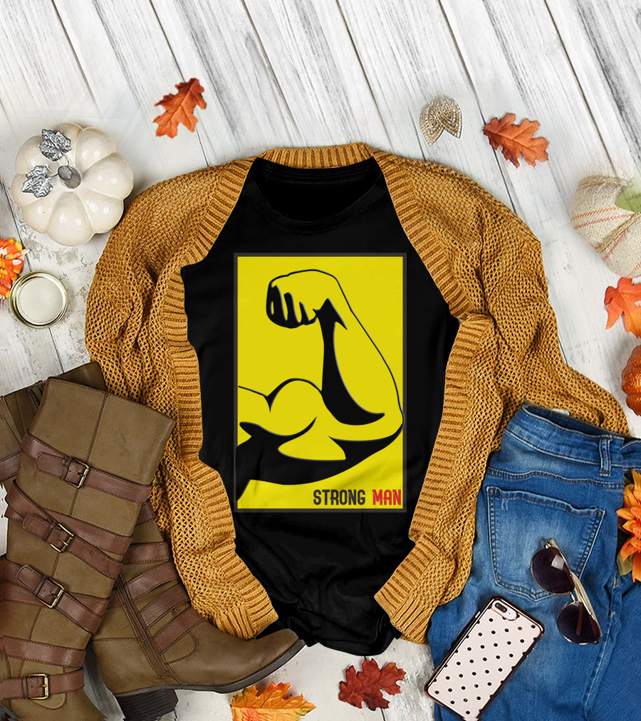 Strong Man Flexing Arm Illustration Yellow and Black T-Shirt