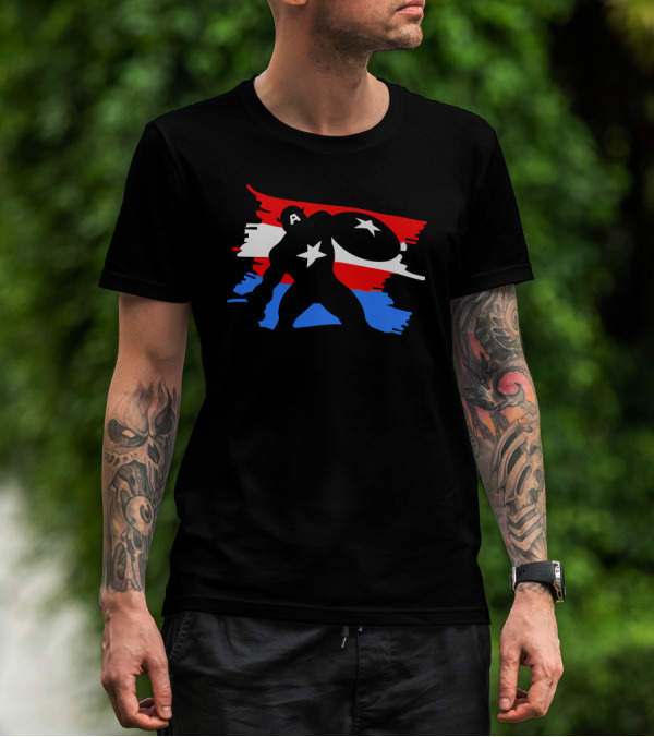 The Captain Silhouette With Shield And Star On Red White Blue Background T-Shirt