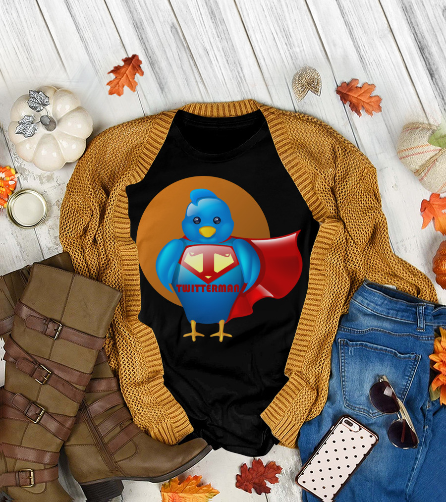 Superhero Twitterman Blue Bird with Red Cape T-Shirt