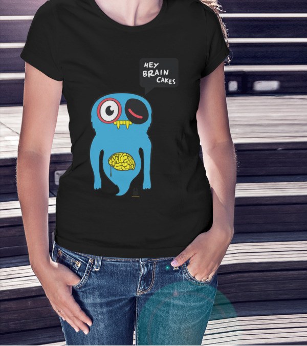 Uberpup Hey Brain Cakes Blue Creature With Exposed Yellow Brain T-Shirt