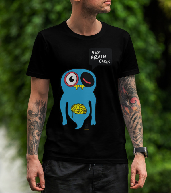 Uberpup Hey Brain Cakes Blue Creature With Exposed Yellow Brain T-Shirt
