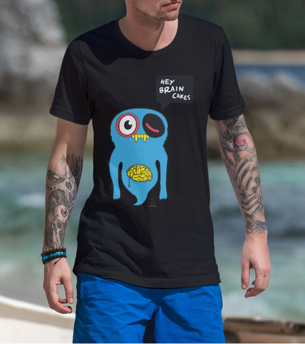 Uberpup Hey Brain Cakes Blue Creature With Exposed Yellow Brain T-Shirt