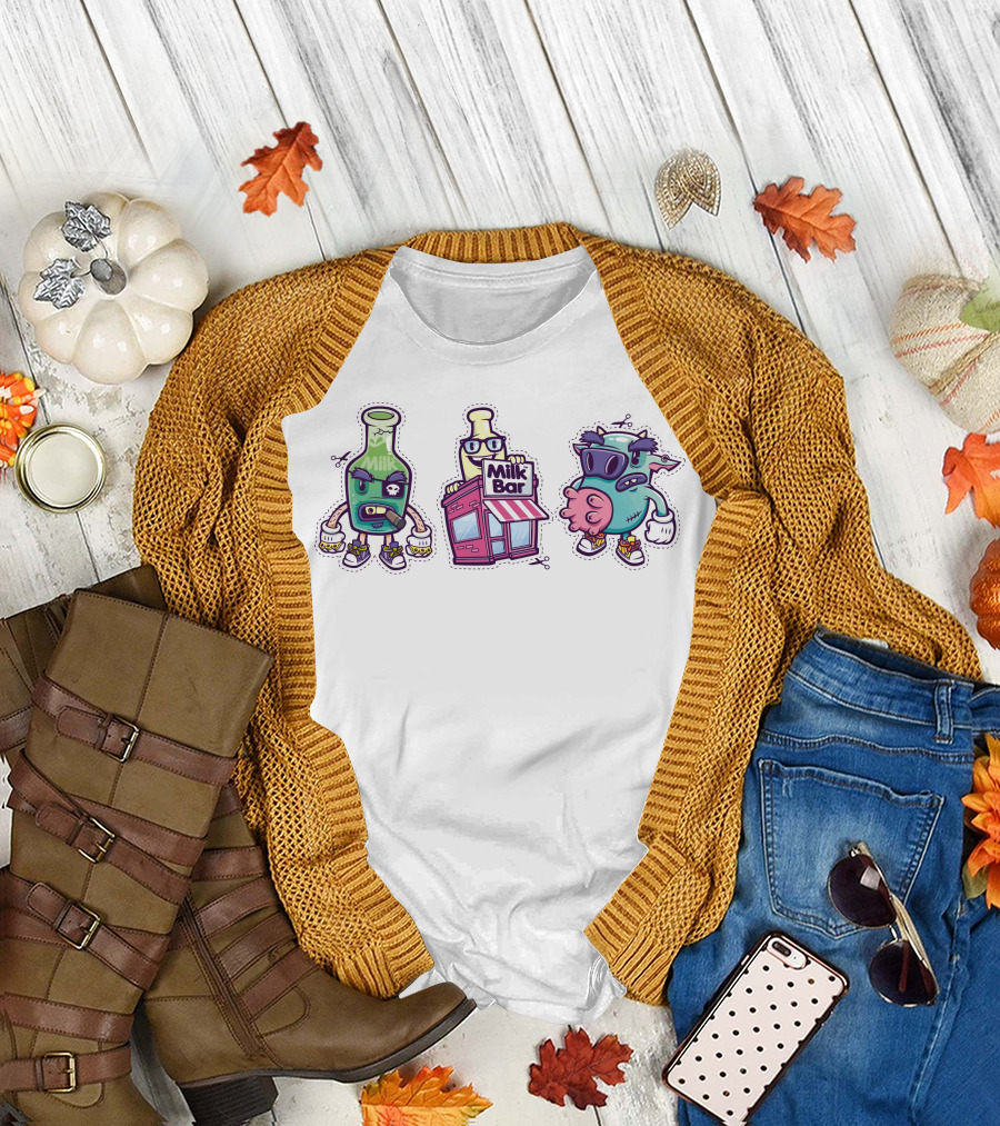 Down At The Milk Bar Bottle Cartoon Character Trio T-Shirt