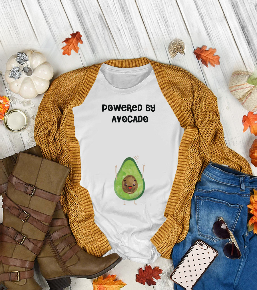 Powered By Avocado Cute Cartoon with Happy Face and Waving Arms T-Shirt
