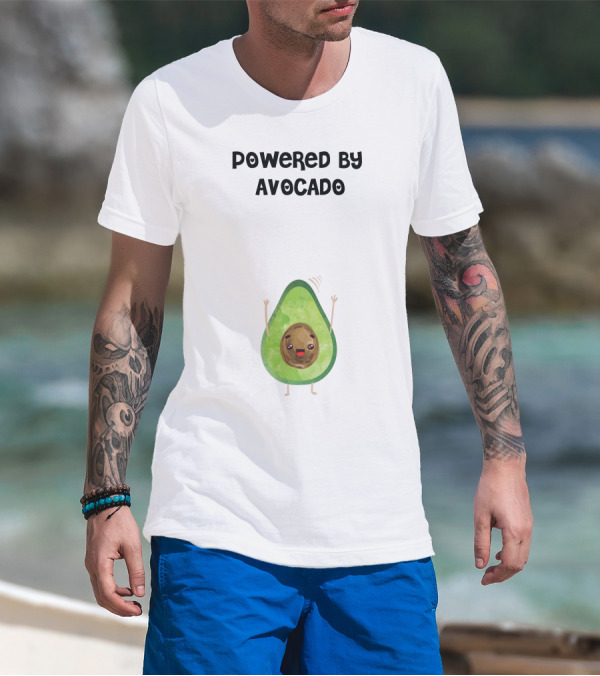 Powered By Avocado Cute Cartoon With Happy Face And Waving Arms T-Shirt