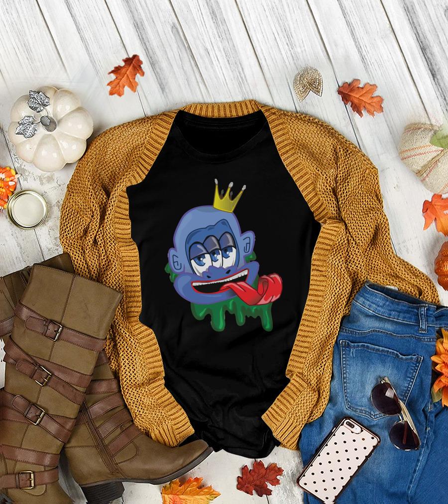 3 Eyed Jester Crowned Blue Face with Dripping Green Ooze and Red Tongue T-Shirt
