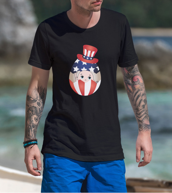 4Th Of July Peeking Baby Inside Patriotic Egg With Stars And Stripes Hat T-Shirt