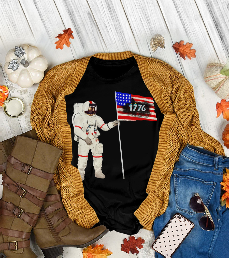 Astronaut Holding American Flag with 1776 T-Shirt