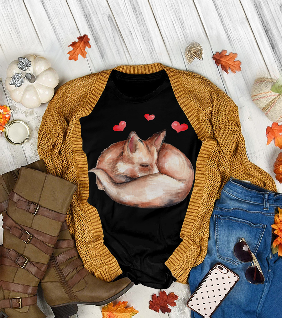 Baby Fox Belly Sleeping with Hearts T-Shirt