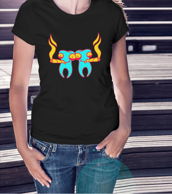 High Tooths With Burning Joint And Colorful Characters T-Shirt