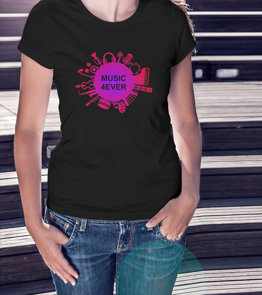 Woman with hands in pockets wearing MUSIC 4EVER Musical Instruments Circle Trendsetter T-Shirt.