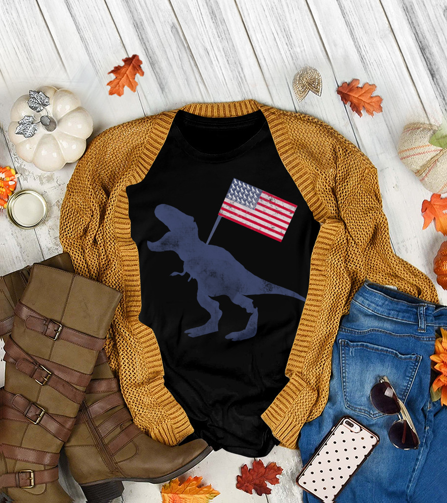 Patriotic Dinosaur Holding American Flag T-Shirt