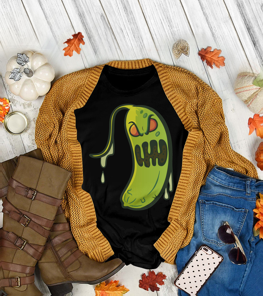 Pickle Monster Grinning with Dripping Goo Drops T-Shirt