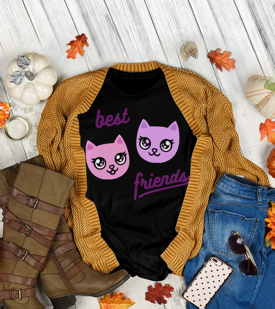Best Friends Cute Pink and Purple Cat Faces T-Shirt