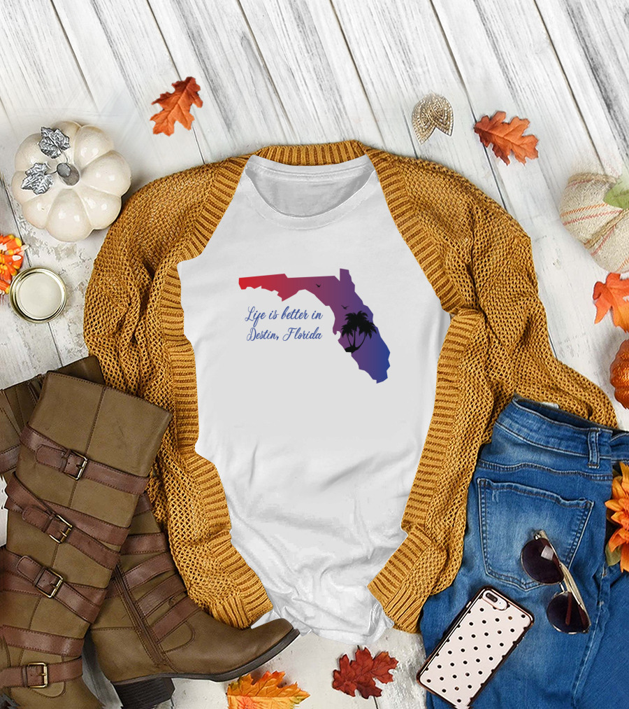 Life is Better in Destin Florida Palm Trees and Birds Florida Map T-Shirt