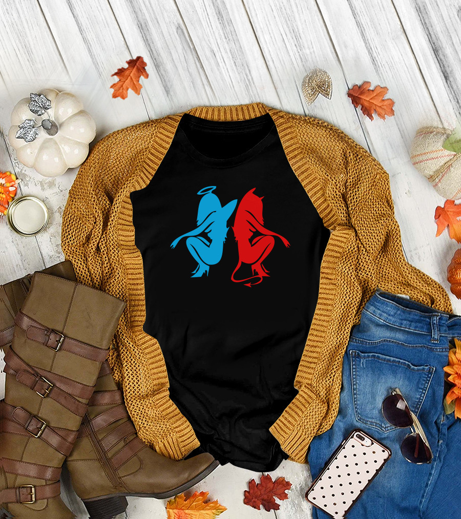 Angel and Demon Girl Contrast Halo and Horns Duo T-Shirt